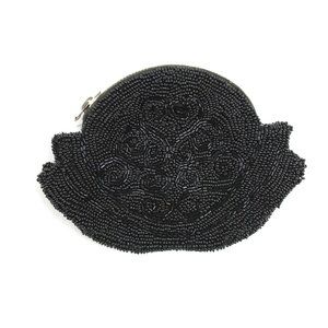 Vintage Black Beaded Zip Coint Purse Made in France 6" wide x 4.25" Beautiful